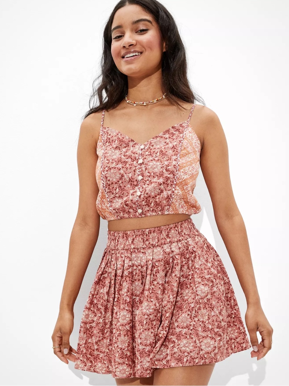 American Eagle Floral Pleated Mini Skirt in Rust